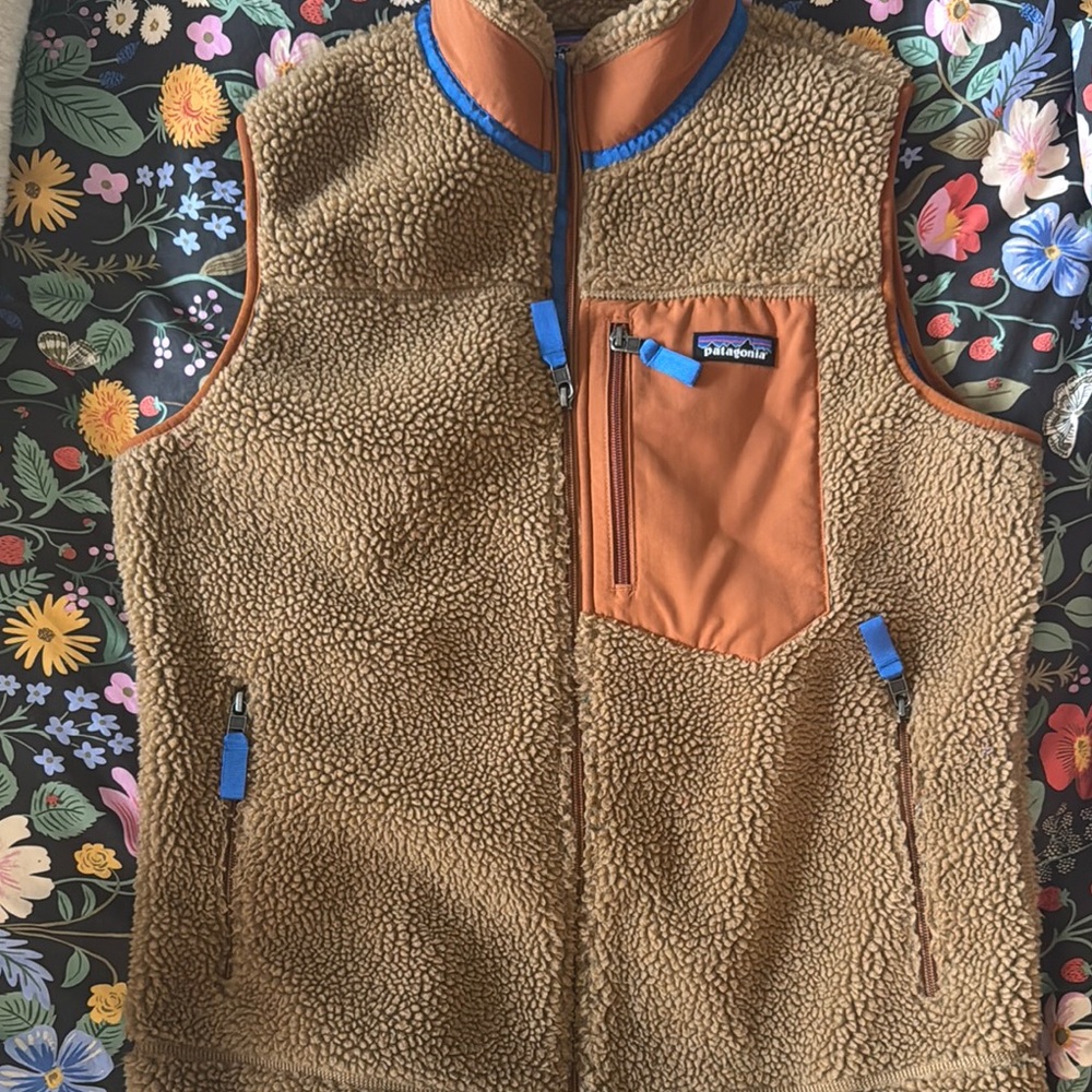Women’s Large Retro X Patagonia Brown Fleece Sherpa Vest with Blue Accents